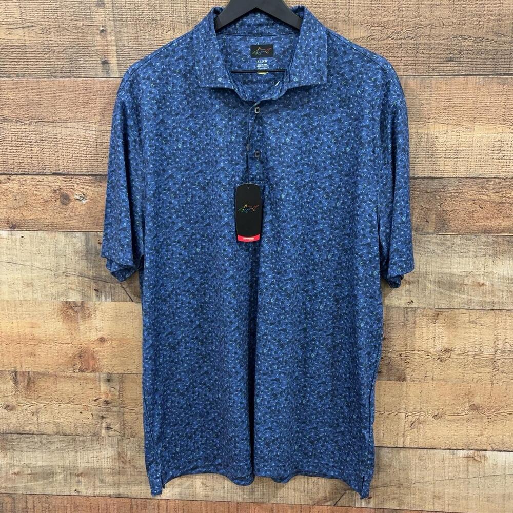 Greg Norman PlayDry Polo Shirt Mens Size XL Blue Graphic Print Golf Performance